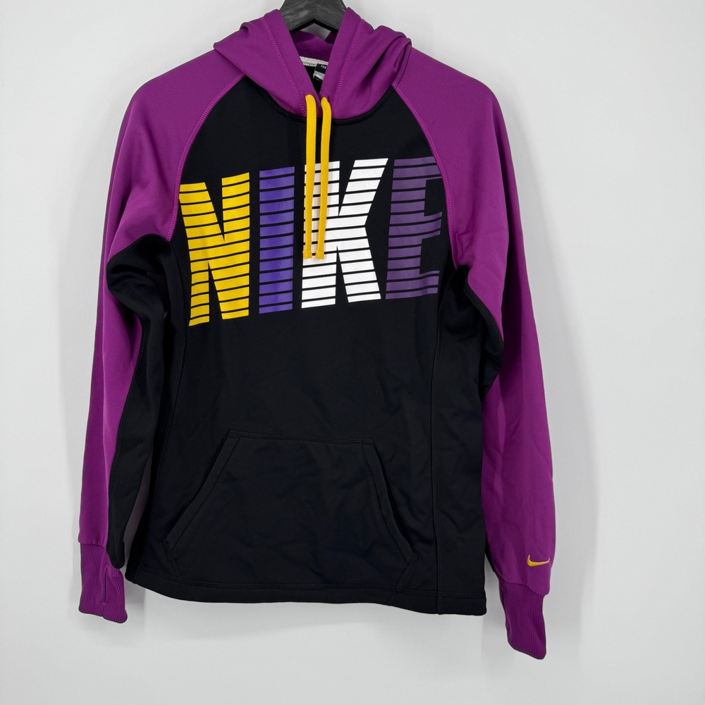 Nike Therma Fit Hoodie Women XS Black Purple Color Block Long Sleeve Active